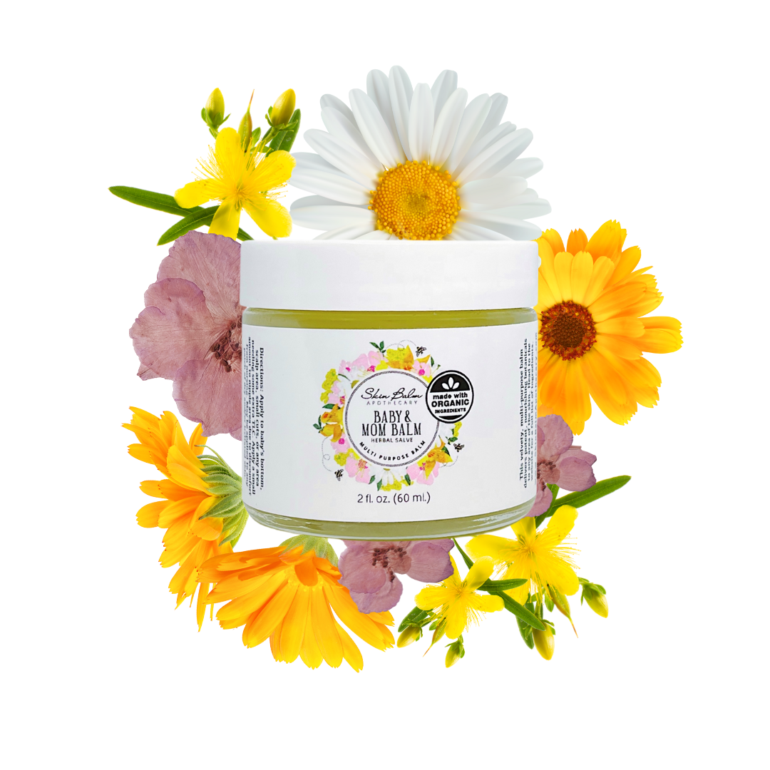 Baby & Mom Balm with assorted pastel-colored flowers against a white background.